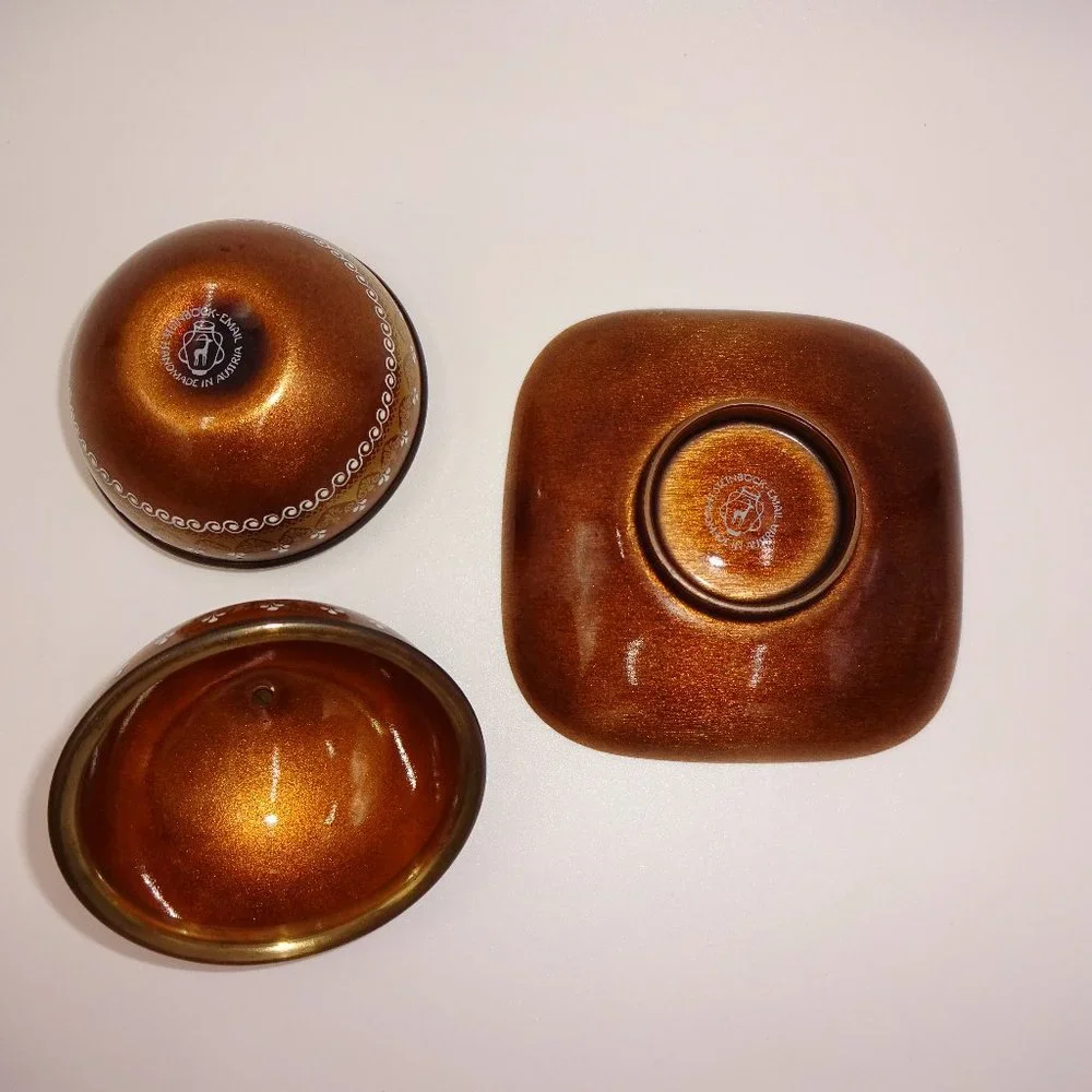 Enamel Steinbock Email Round Trinket Box & Square Tray Gold White Flowers Woman